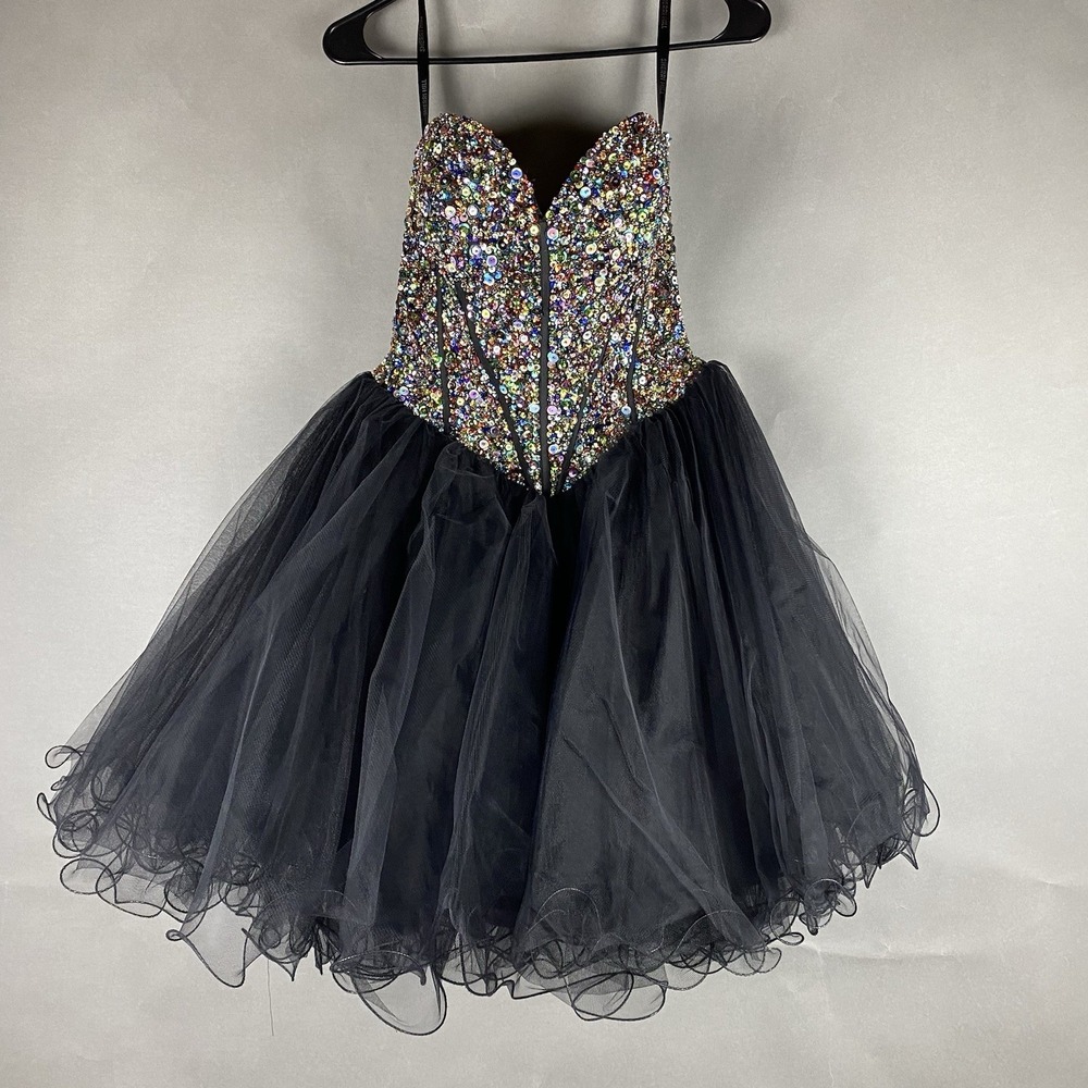 Sherri Hill Strapless‎ Homecoming Prom Dress Womens 8 Black Beaded Top Corset